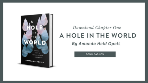 Book cover and offer for free excerpt of A Hole in the World by Amanda Held Opelt